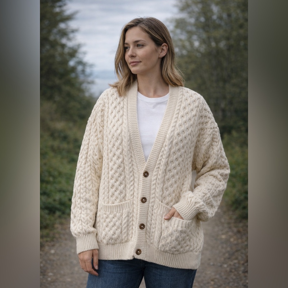 Traditional Aran Irish Fisherman Wool Cable Knit Button Cardigan. XL